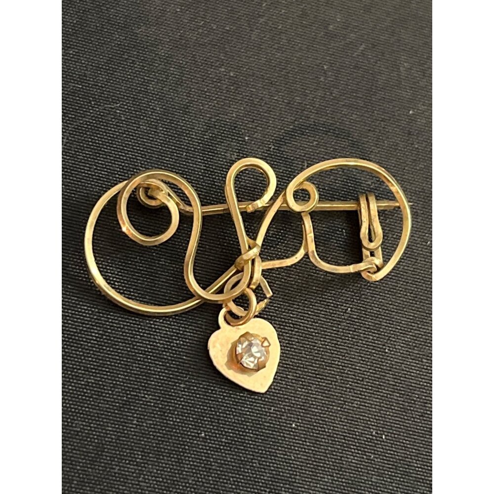 Antique Vitg Gold Swirl Earrings & Brooch with Heart Pendants 3 piece Set 3.1g - Picture 5 of 8
